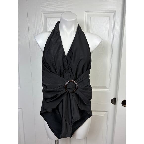 Women's Black Swimsuit Small Deep V-Neck Halter Backless Ruching One Piece - Picture 3 of 6